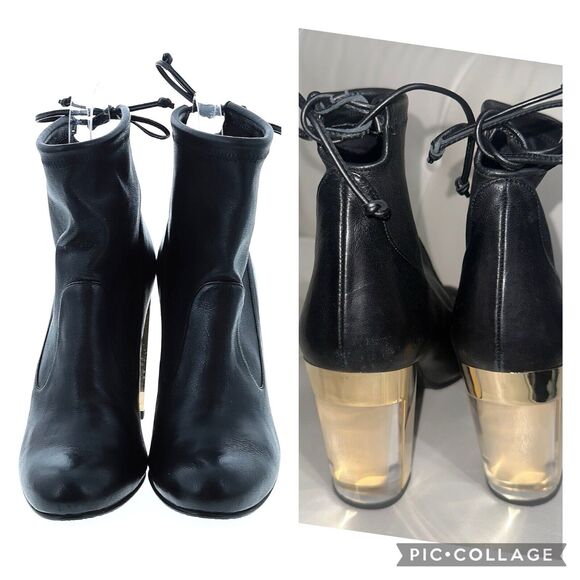 Stuart Weitzman Black Leather Ankle Boot Lucite Gold Block Heels Tie Back Size 9 - Picture 1 of 9